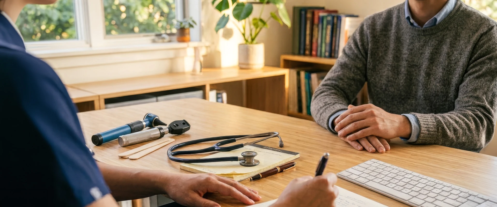 A patient and GP in conversation in a sunlit consulting room